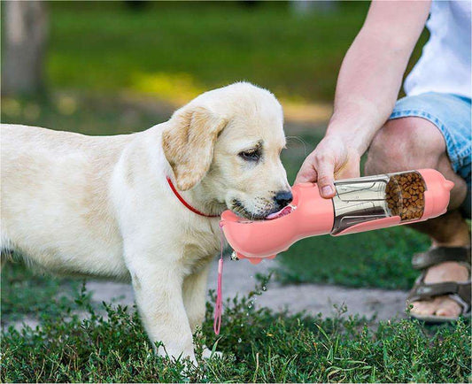 Hund/katt vattenflaska med inbyggd mat och förvaring