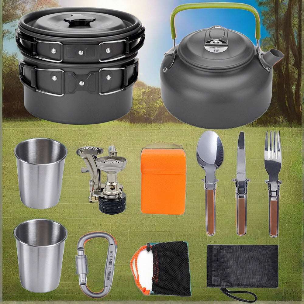 Bärbar camping kök kit, dappled sunlight, bright, lush, brazil, cinematic product photography military , camping 