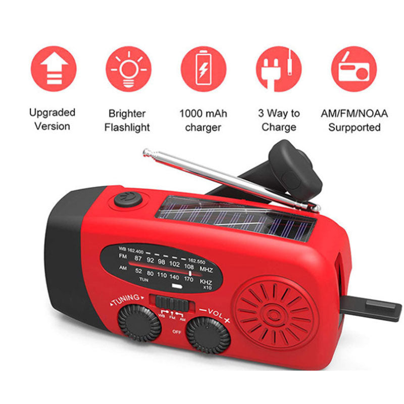 Emergency radio with hand crank, USB charging, flashlight and solar cells. SOS-Emergency-camping-hiking-travel-ABS-LED-dog-Sport-Radio-Disaster-Weather xDogs AB